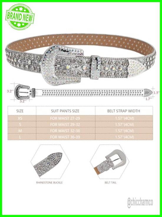 Rhinestone Bling Studded Waist Belt with Buckle, Unisex Cowgirl Cowboy Belt main image 5